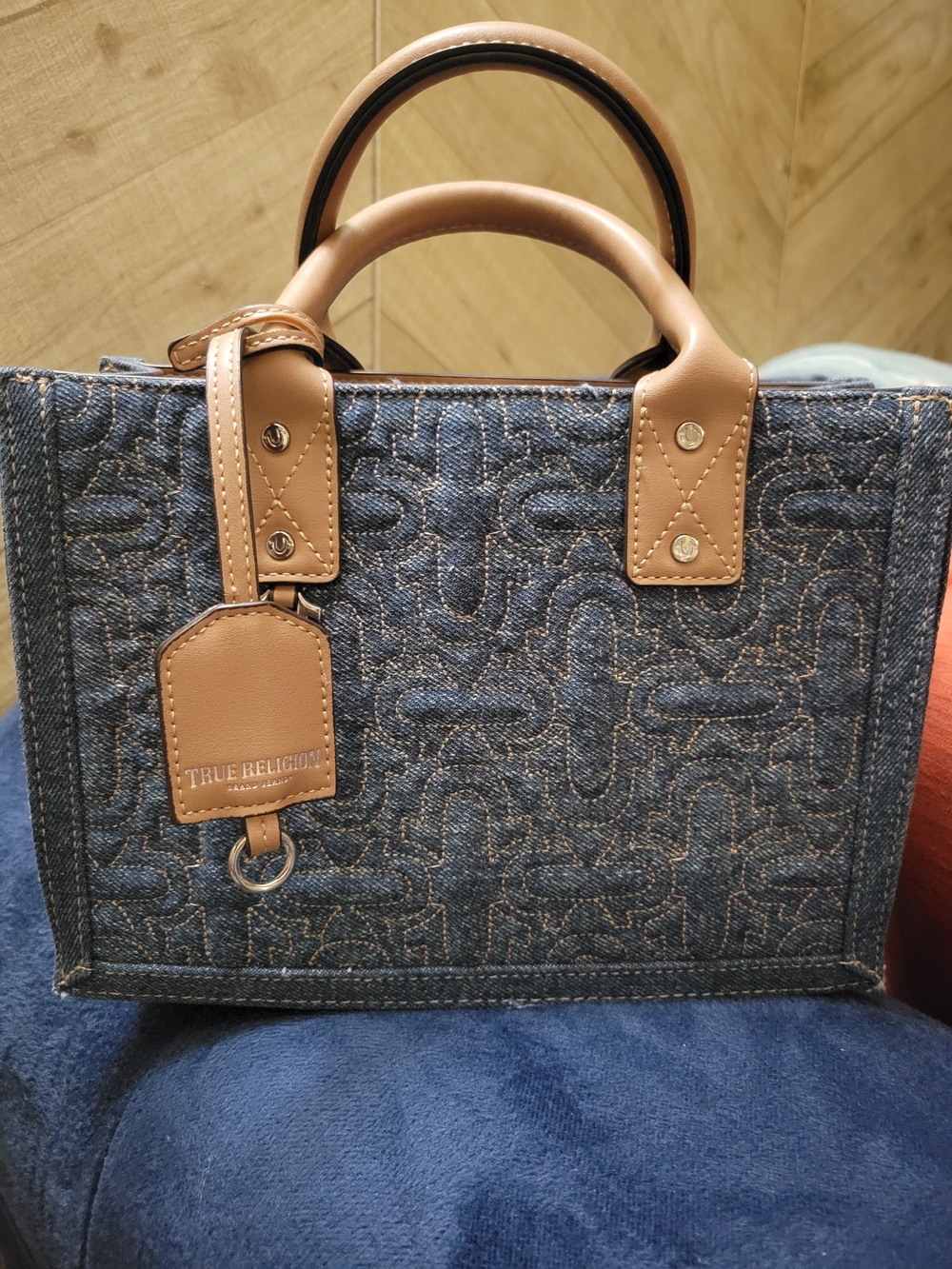 True Religion Blue Denim Tote with Tan Leather Handles